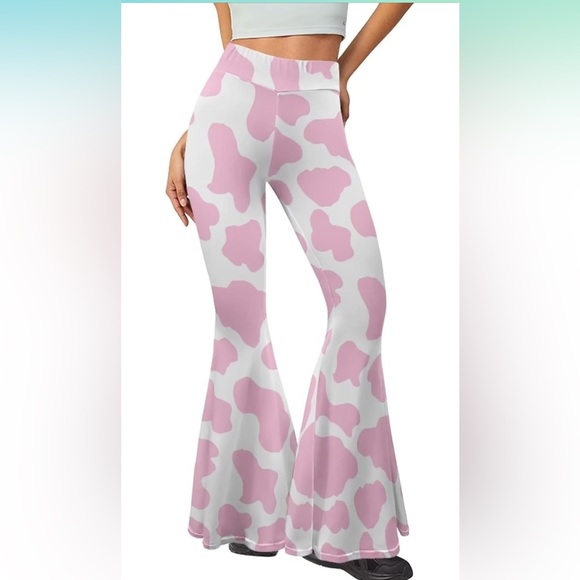Pink and White Cow Print Flare Leggings - Picture 2 of 5
